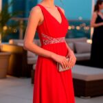 ETERNA | Vestido largo gala pedrería | Espalda Abierta | Gasa Roja