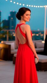 ETERNA | Vestido largo gala pedrería | Espalda Abierta | Gasa Roja