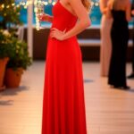 MAGIA | Vestido de Gasa Rojo Halter | Cuentas | Fiesta Formal